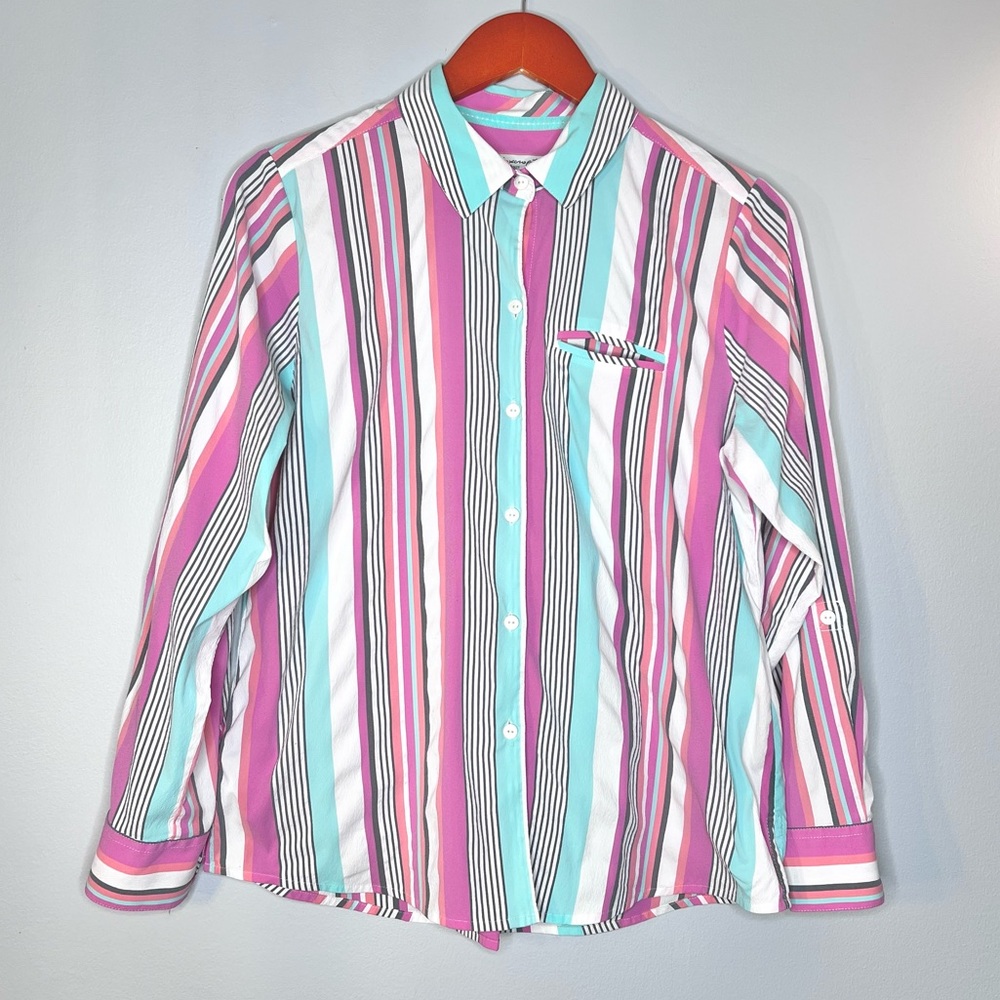 Foxcroft Reese Stripe Seersucker UPF Top Size 10P Colorful Wrinkle Free Roll Tab